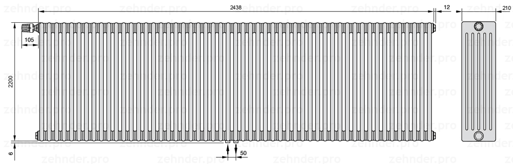 Схема (чертеж) Радиатор Zehnder Charleston 6220/53 №V007 Белый глянцевый RAL 9016